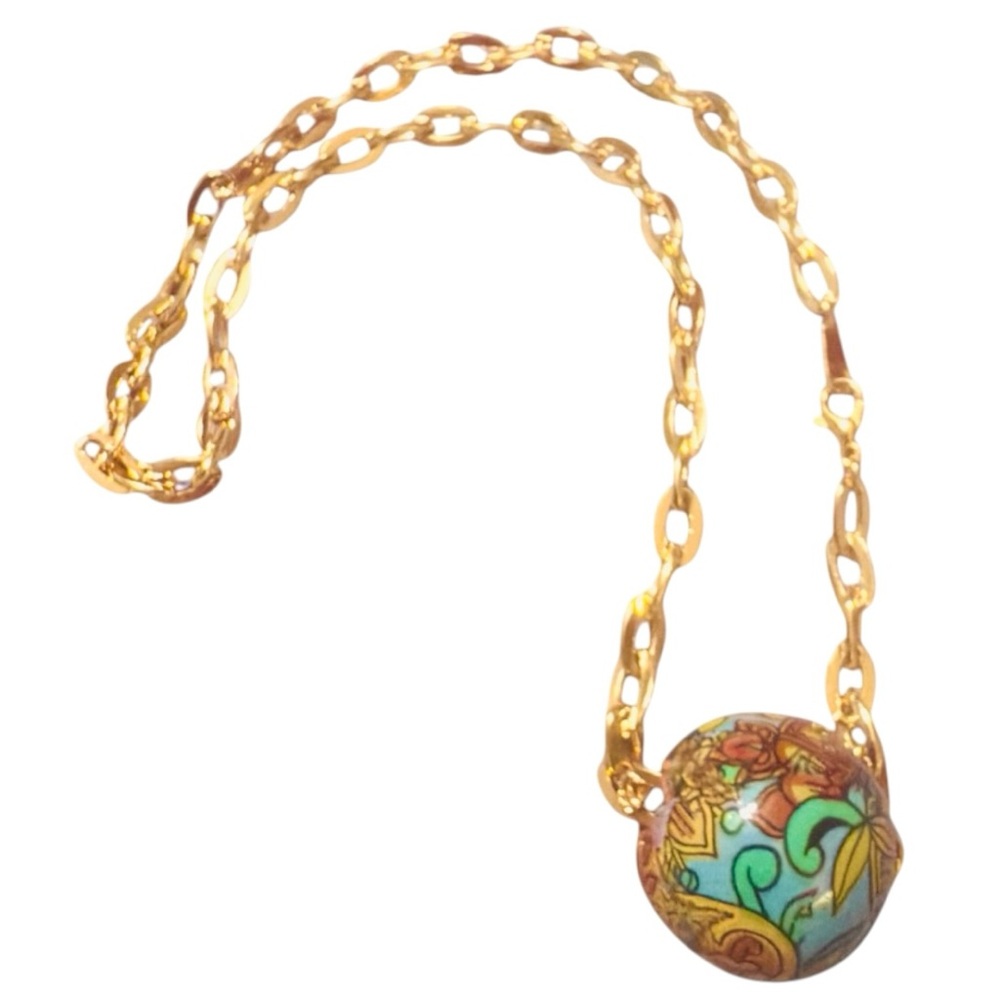 Antique Italian‎ Hand-Painted Venetian Bead Pendant Necklace, 24 GP Chain, 19”